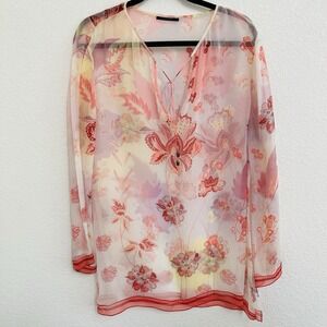 Elie Tahari Sheer 100% Silk V-Neck Cover Up Floral Tunic Swim Beach Boho Top L